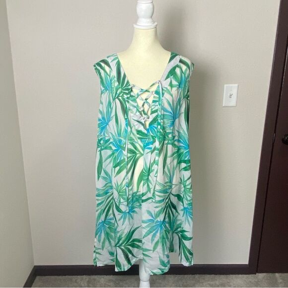 Portcruz Sheer White & Green Tropical Print Lace Up Cover Up Women's Size 2X - Picture 10 of 16
